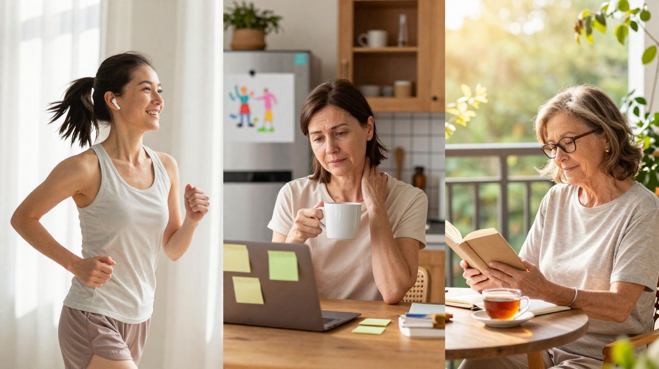 Três mulheres em diferentes atividades: a jovem a correr, a adulta a trabalhar no computador e a sénior a ler com chá.