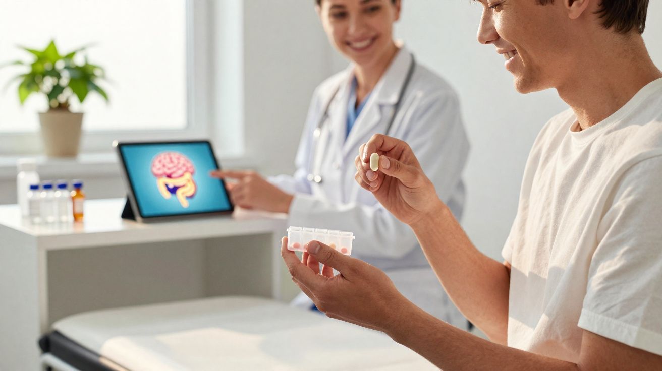 Paciente segura comprimido enquanto médica explica saúde cerebral com tablet numa consulta.