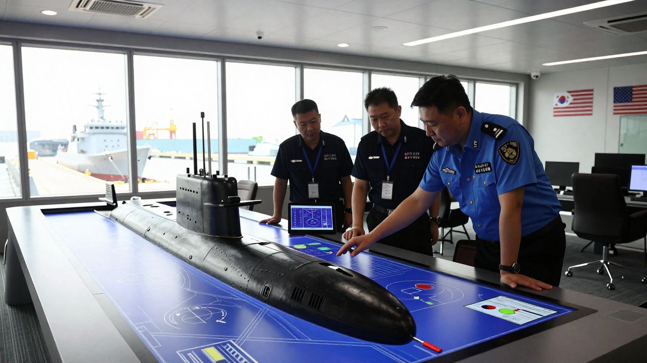 Três homens analisam modelo de submarino num ecrã interativo numa sala com vista para um porto militar.