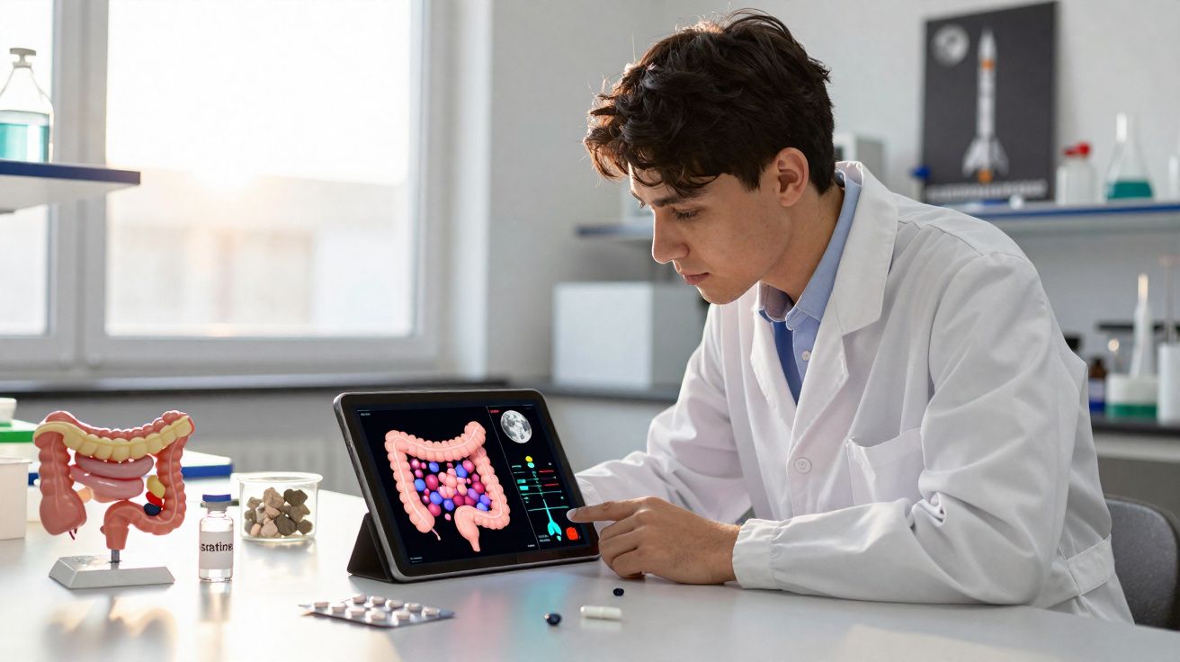 Cientista em bata branca analisa modelo digital do intestino grosso num tablet num laboratório.