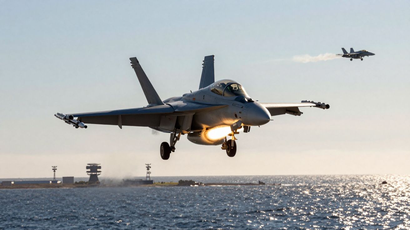 Aviões de combate a jato em voo baixo sobre o mar com pista e torres ao fundo ao pôr do sol.