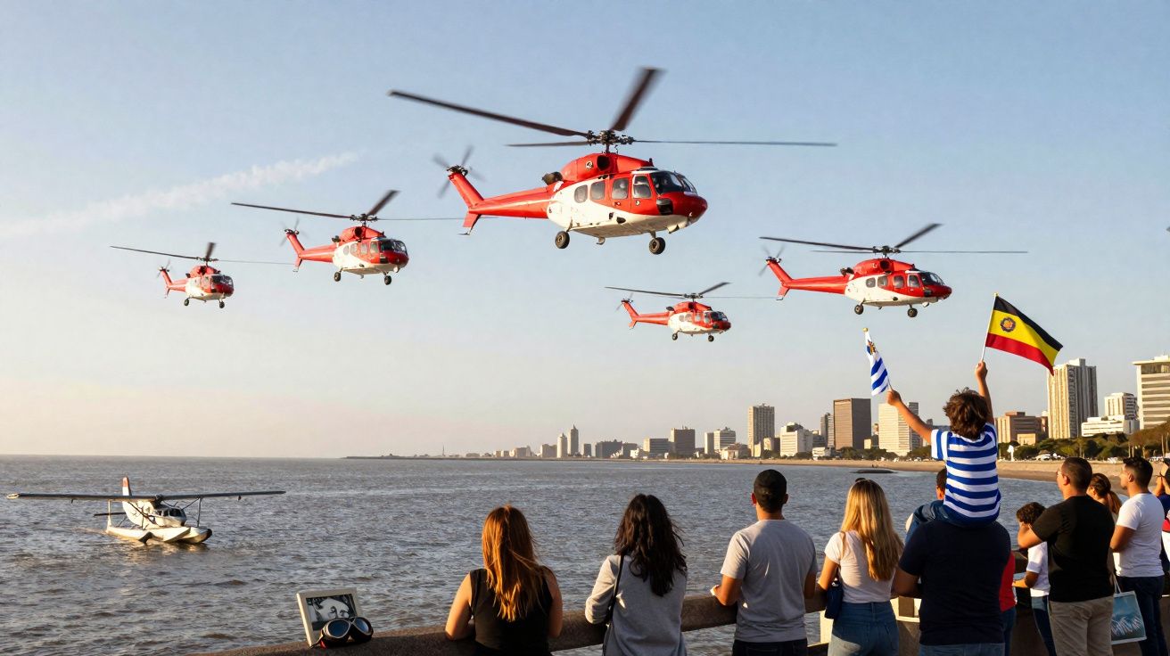 Seis helicópteros vermelhos e brancos voam juntos sobre a orla marítima com pessoas a observar na margem.