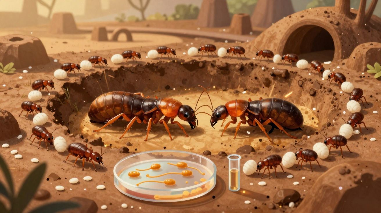 Formigas carregam ovos em fila até rainhas em ninhos, com placa e tubo de ensaio perto.