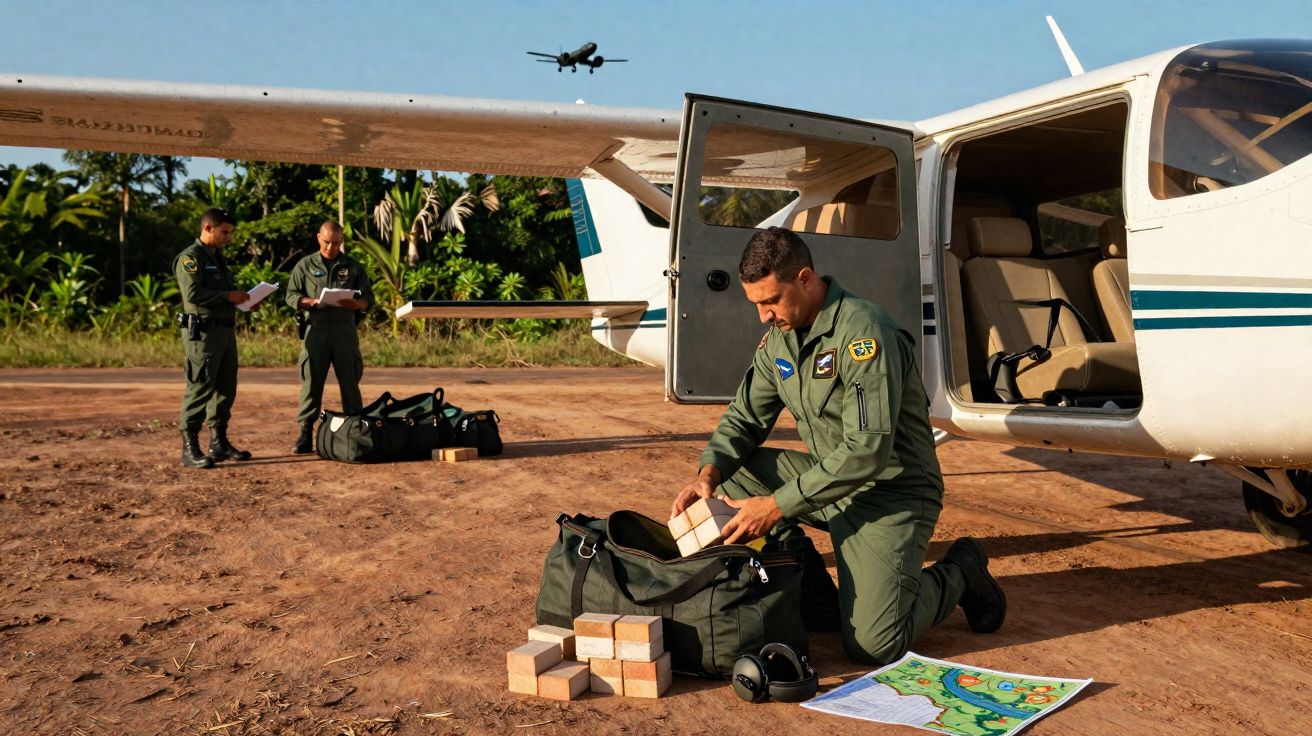 Militar a organizar caixas ao lado de avião pequeno num solo e avião a voar ao fundo.