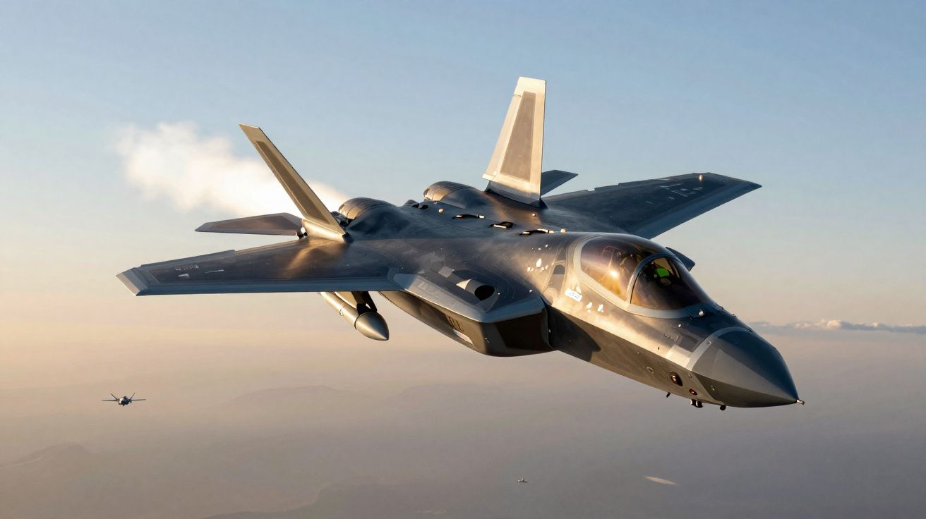 Caça furtivo militar cinzento voando em céu limpo ao pôr do sol, com outro avião ao fundo.