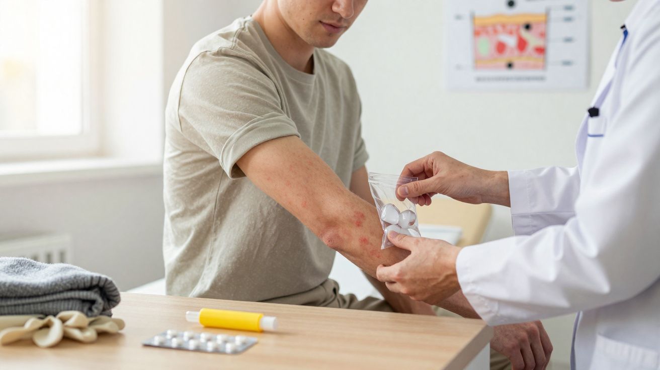 Paciente mostra erupções cutâneas no braço enquanto médico prepara comprimidos para tratamento.
