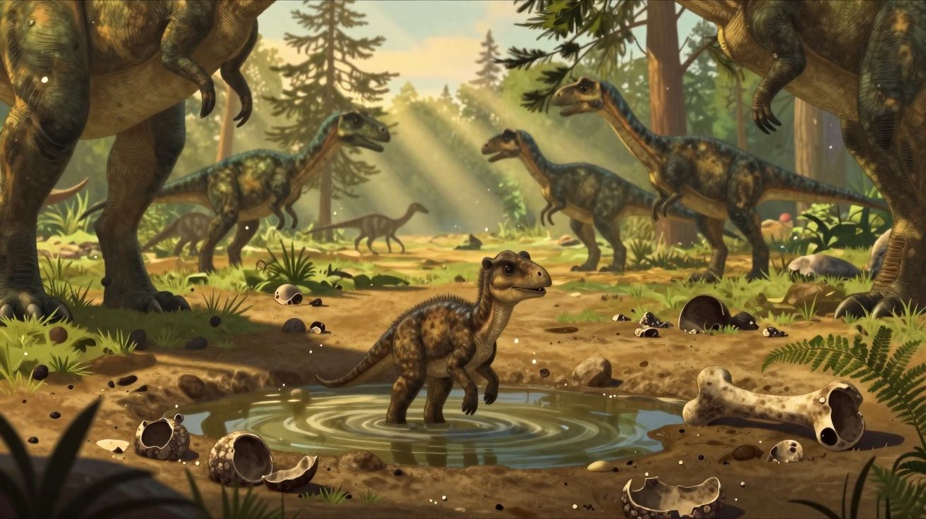 Vários dinossauros pequenos e grandes em ambiente florestal, com um juvenil na água rodeado por ossos.