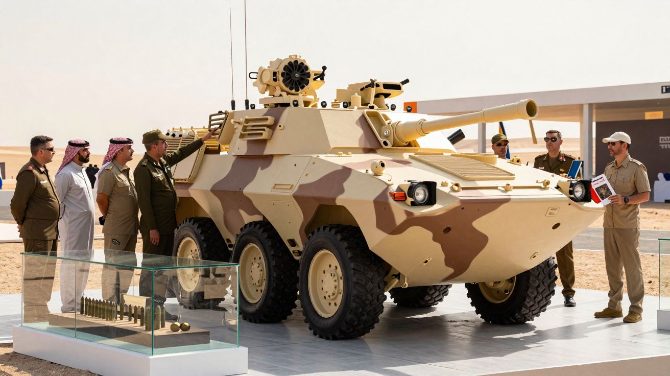 Veículo militar blindado de rodas com camuflagem bege e castanha em exposição, rodeado por militares e civis.