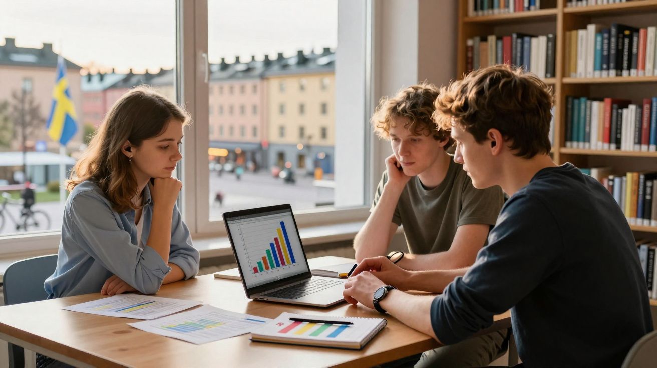 Três estudantes a analisar gráficos coloridos num portátil e documentos, numa biblioteca com janela e estantes.
