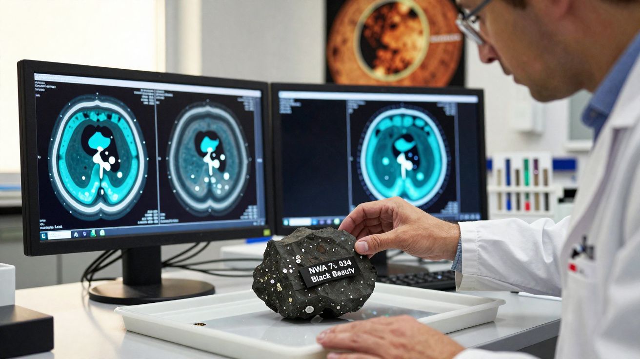 Cientista examina meteorito NWA 7 034 Black Beauty com imagens de tomografia no ecrã.