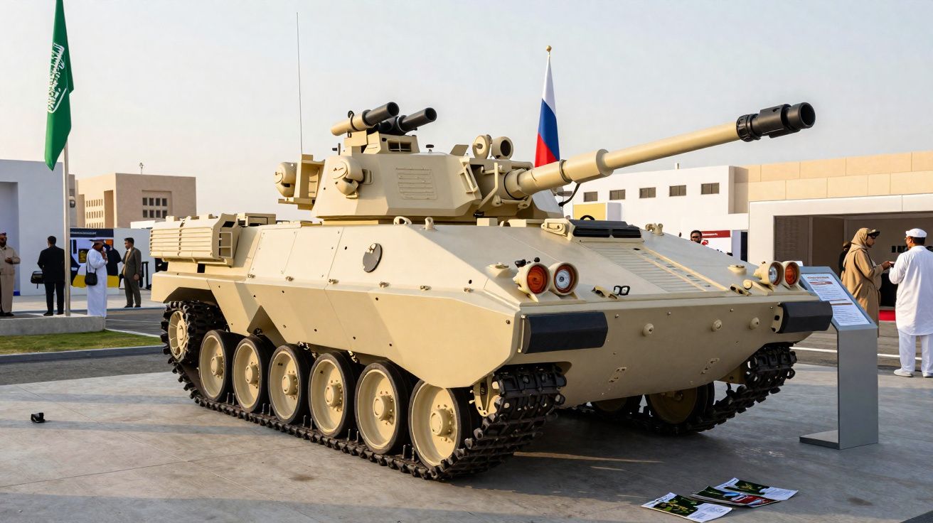Veículo blindado de combate cor areia exposto em evento com bandeiras da Arábia Saudita e Rússia ao fundo.