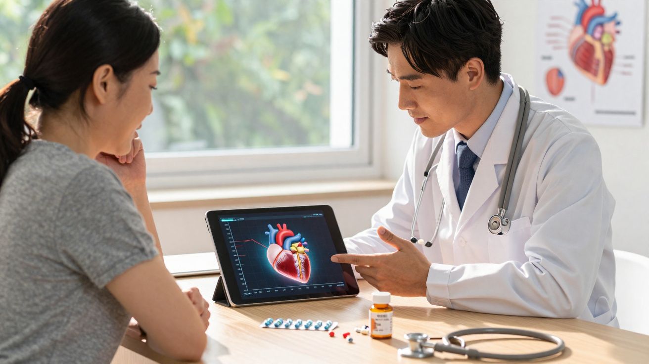 Médico explica a paciente imagem digital de coração numa consulta, com medicamentos e estetoscópio na mesa.