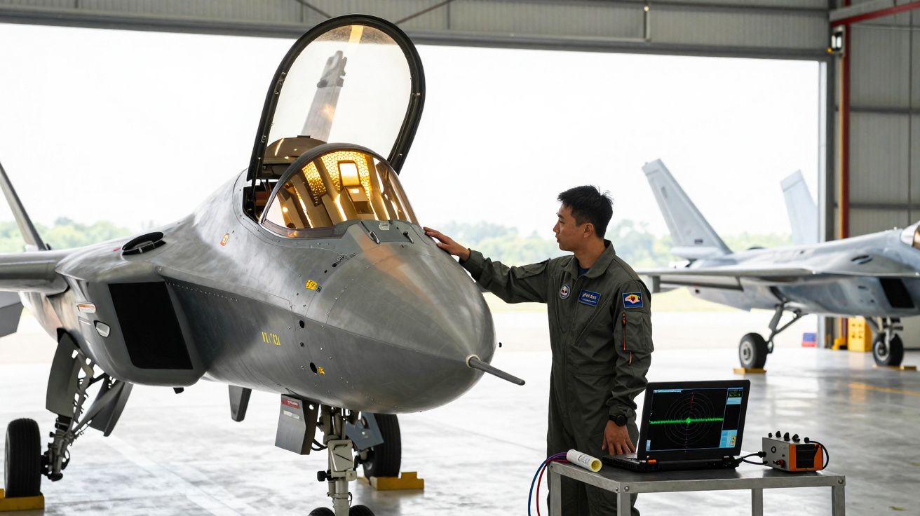Homem em uniforme militar verifica jato de combate estacionado em hangar com computador ao lado.