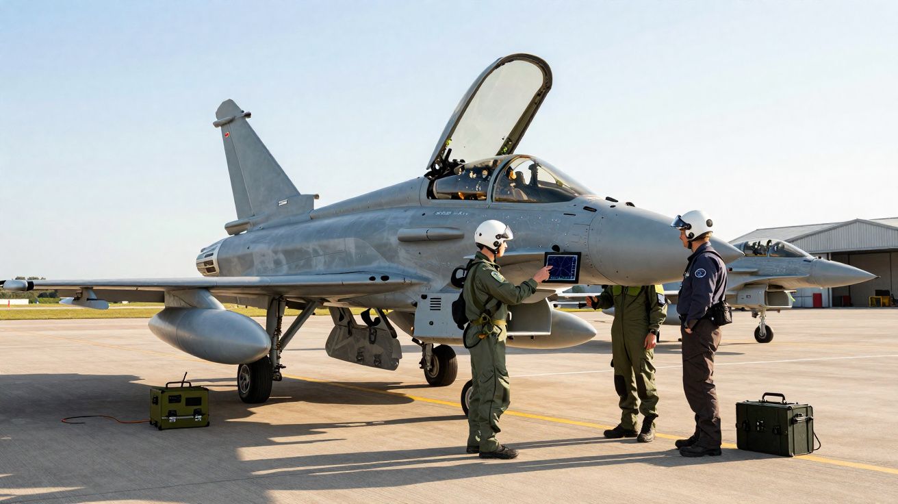 Caça militar estacionado com três pilotos de uniforme e capacetes a discutir junto à aeronave numa pista.