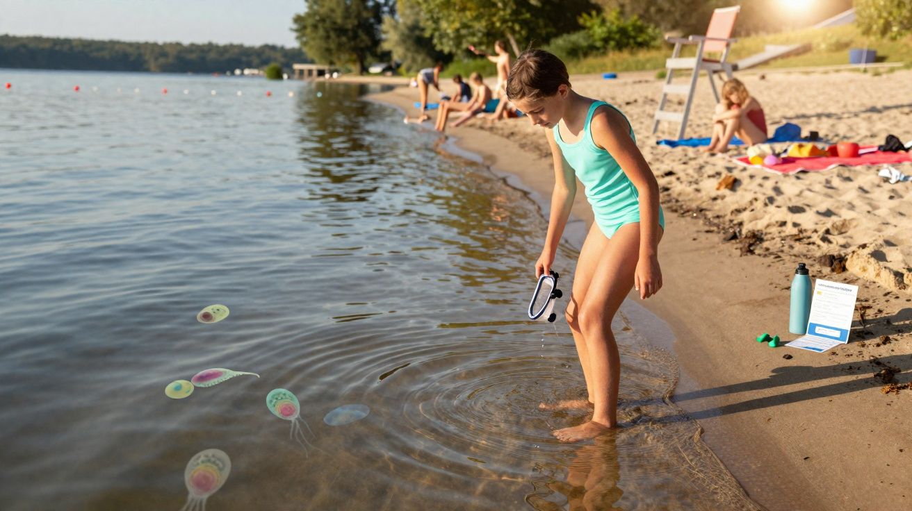 Criança em fato de banho azul observa criaturas microscópicas animadas na beira de uma praia de lago.