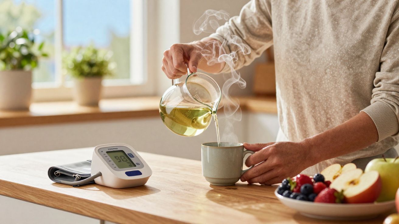 Pessoa a servir chá numa chávena, com um monitor de tensão arterial e uma tigela de fruta na mesa.