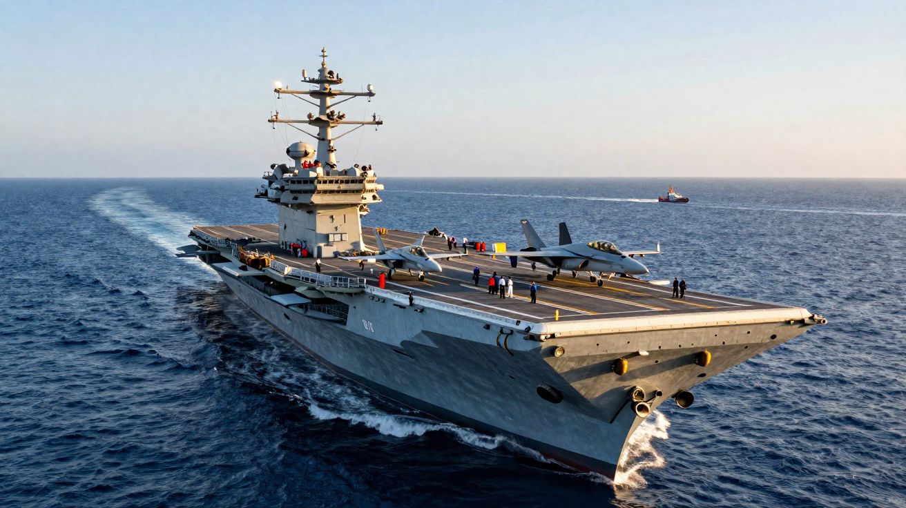 Porta-aviões a navegar no mar com aviões militares no convés e tripulação a bordo.