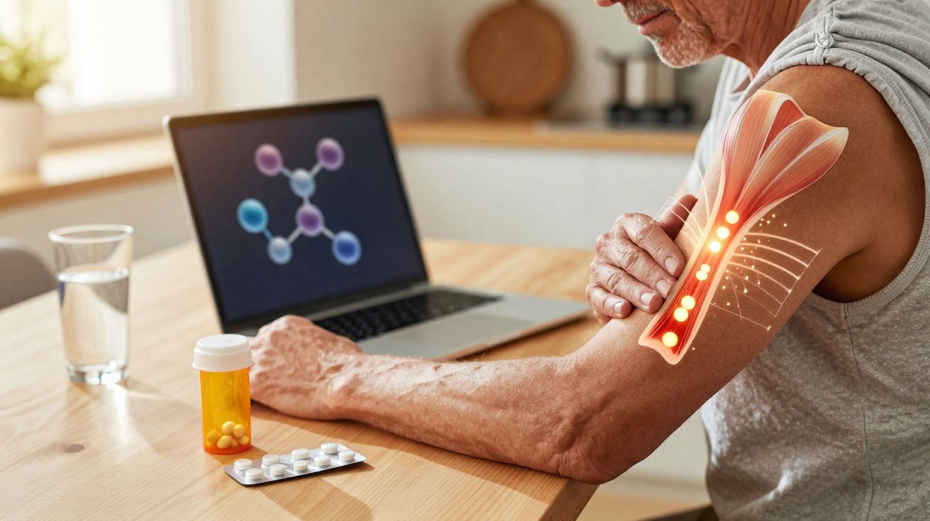 Homem idoso sente dor no braço enquanto consulta informação médica no computador com medicamentos na mesa.