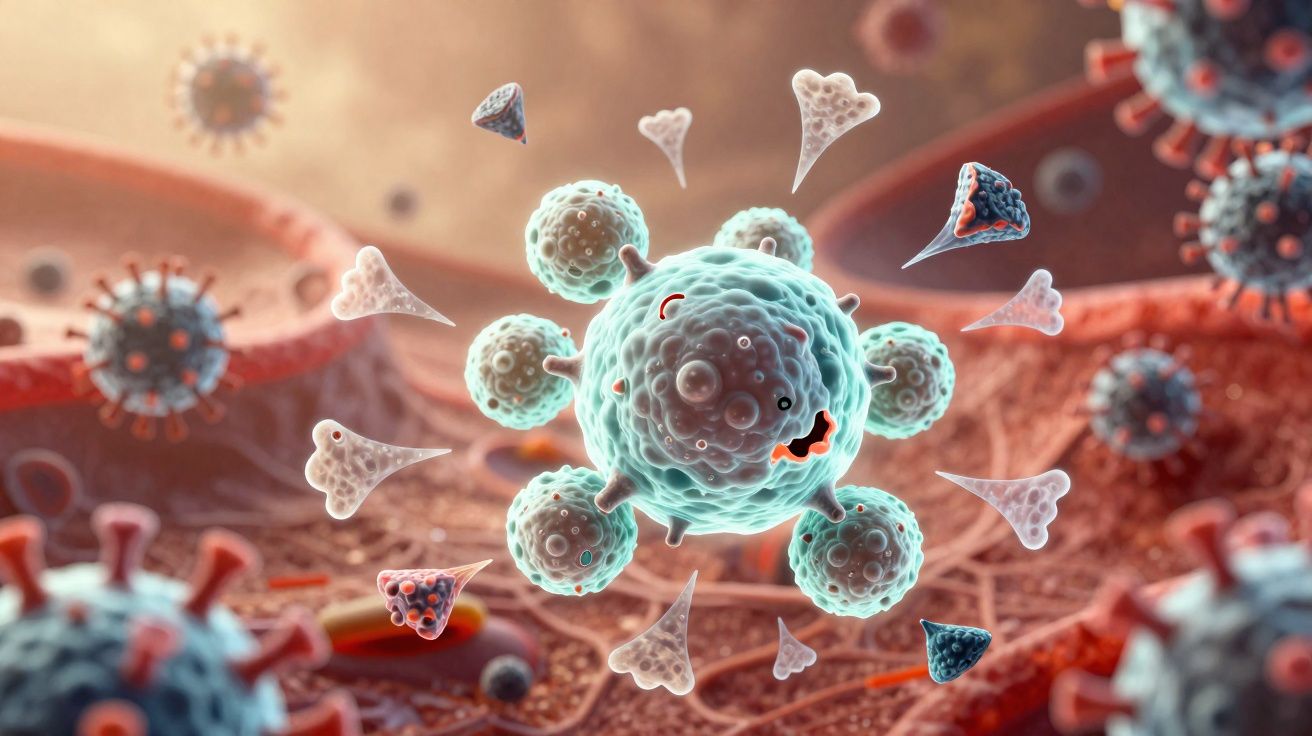 Imagem digital 3D de vírus com proteínas de espícula, representando o coronavírus em ambiente microscópico.