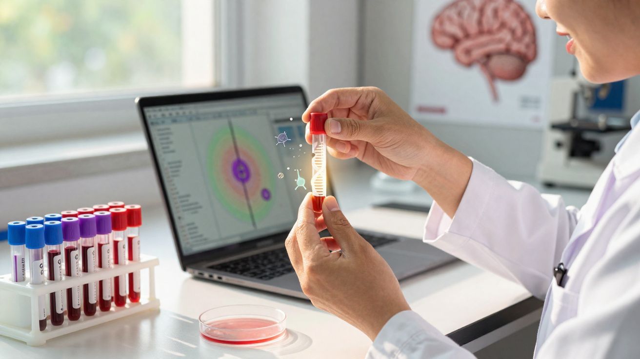 Pessoa de bata branca segura tubo de ensaio com imagem digital de DNA em laboratório com computador.