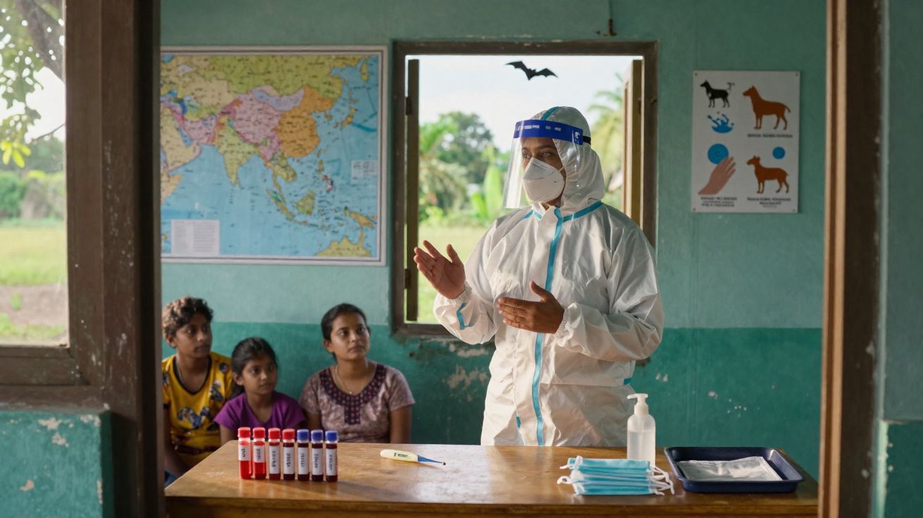Profissional de saúde com equipamento de proteção a explicar exame de sangue a três crianças num classroom simples.