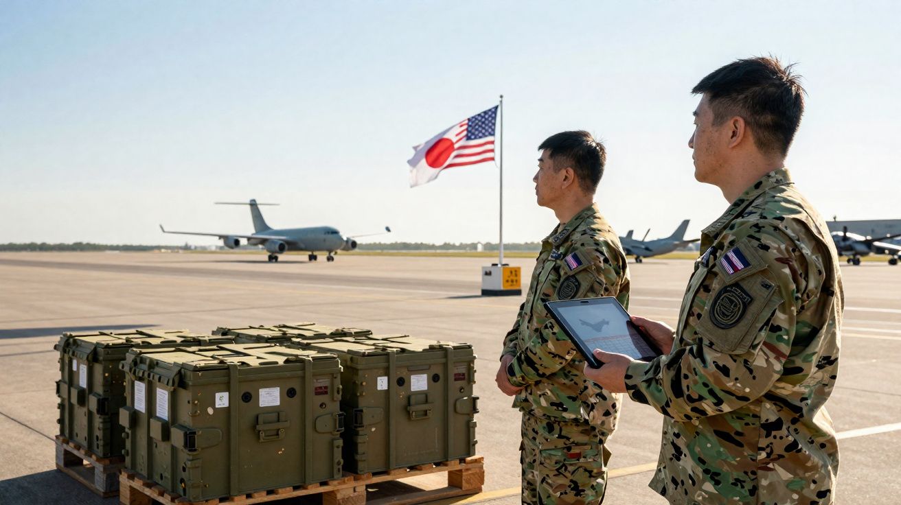 Dois militares em uniformes camuflados observam caixas verdes no aeroporto com bandeiras dos EUA e Japão ao fundo.
