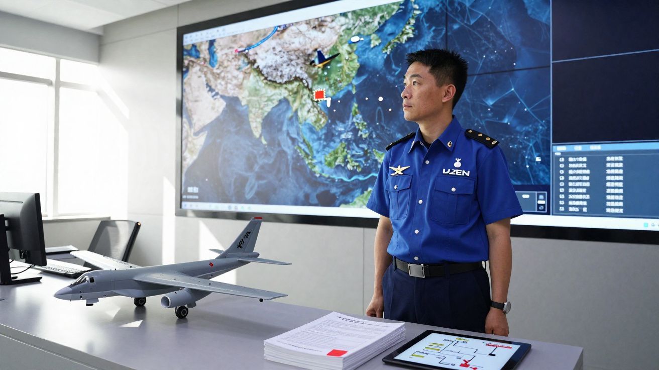 Homem em uniforme azul debruçado sobre mesa com modelo de avião e mapas digitais numa sala de controlo.