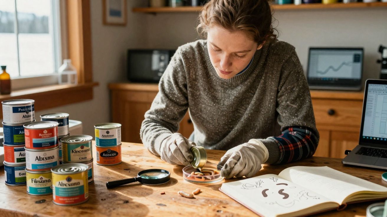 Mulher a examinar amostras num laboratório caseiro com frascos, lupa, livro e computador numa mesa de madeira.