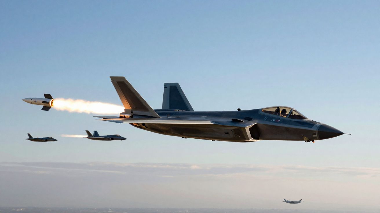 Caça militar dispara míssil em voo acompanhado por outros três caças e um avião comercial ao longe.