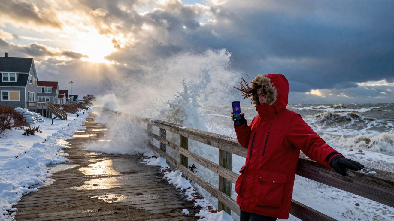 Pessoa com casaco vermelho perto do mar agitado e neve numa passadeira de madeira sob céu nublado.