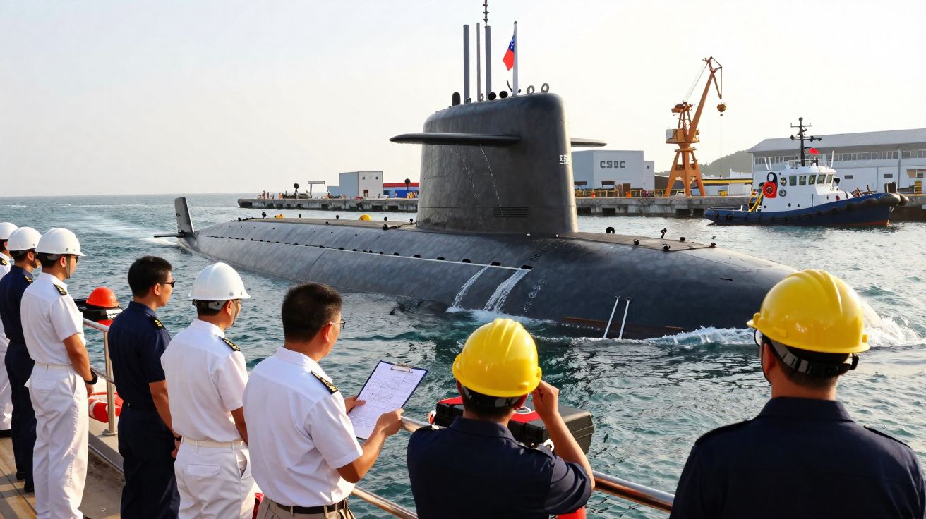 Homens com capacetes e uniformes observam submarino a operar perto de doca industrial com guindaste e embarcação.