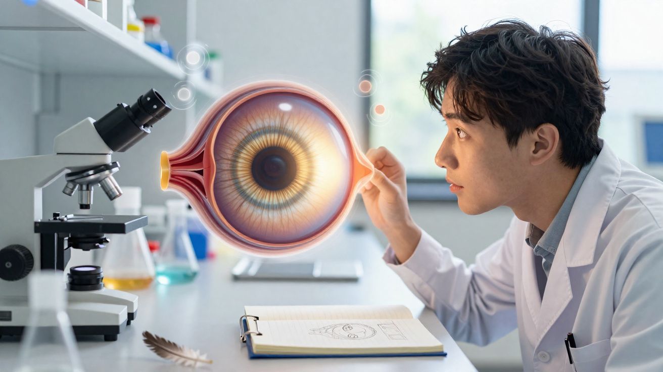 Cientista em laboratório analisa imagem ampliada e detalhada de um olho humano ao lado de microscópio.
