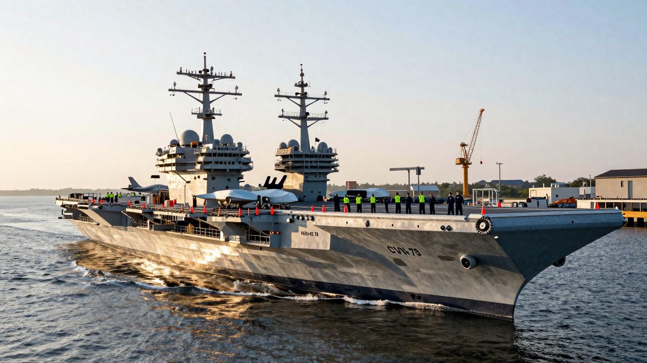 Porta-aviões militar cinzento navegando, com tripulação no convés e estrutura dupla de comando.