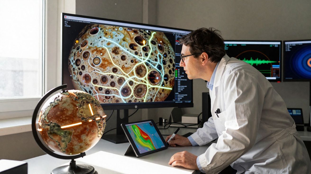Cientista em bata branca analisa imagem geológica e mapas digitais numa mesa com globo terrestre.