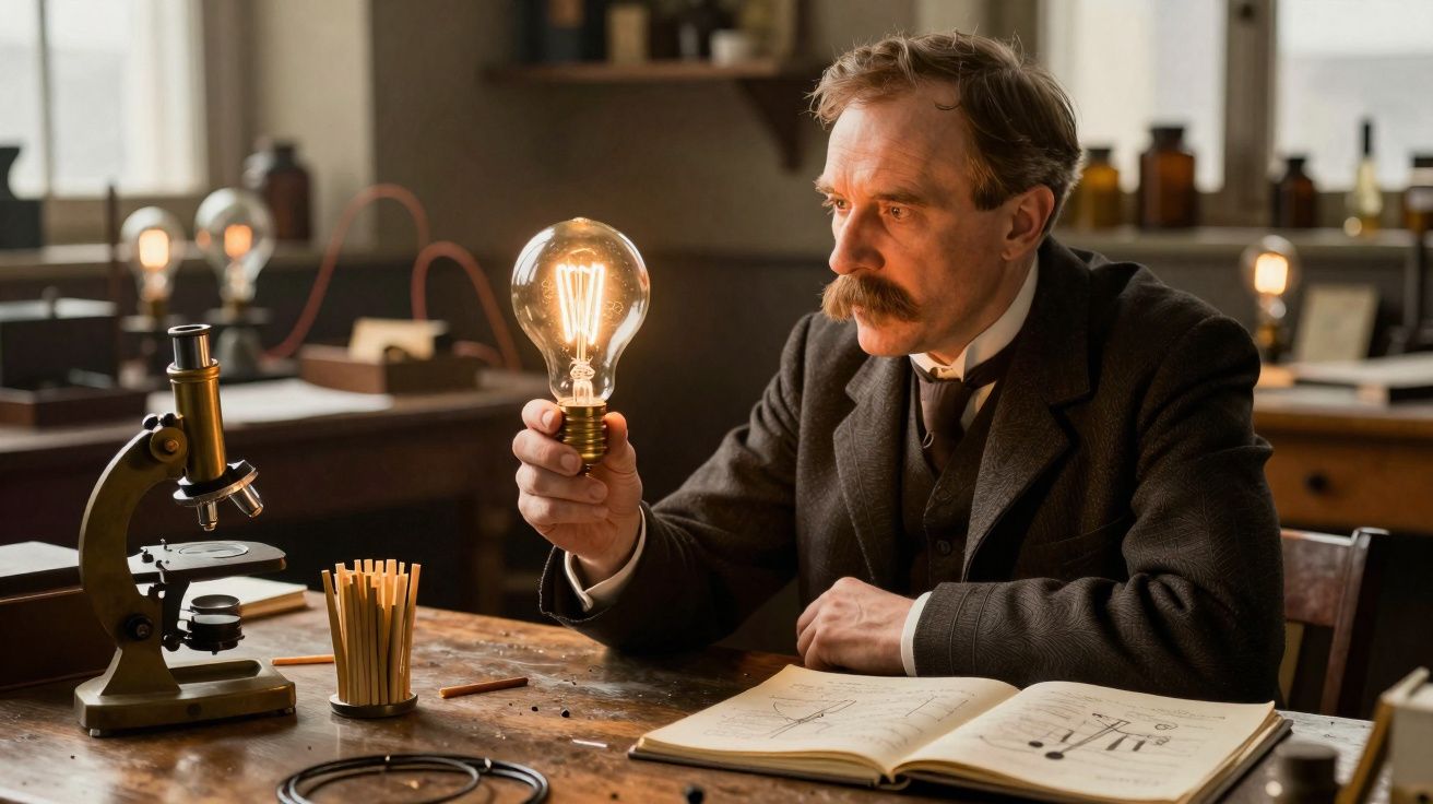 Homem sentado à mesa com lâmpada acesa na mão, microscópio e caderno aberto com desenhos técnicos.