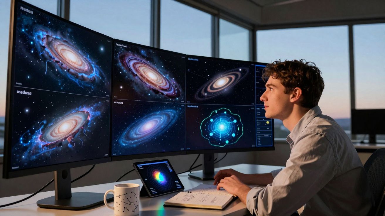 Jovem observa imagens de galáxias e átomos em monitores num escritório com luz natural ao anoitecer.