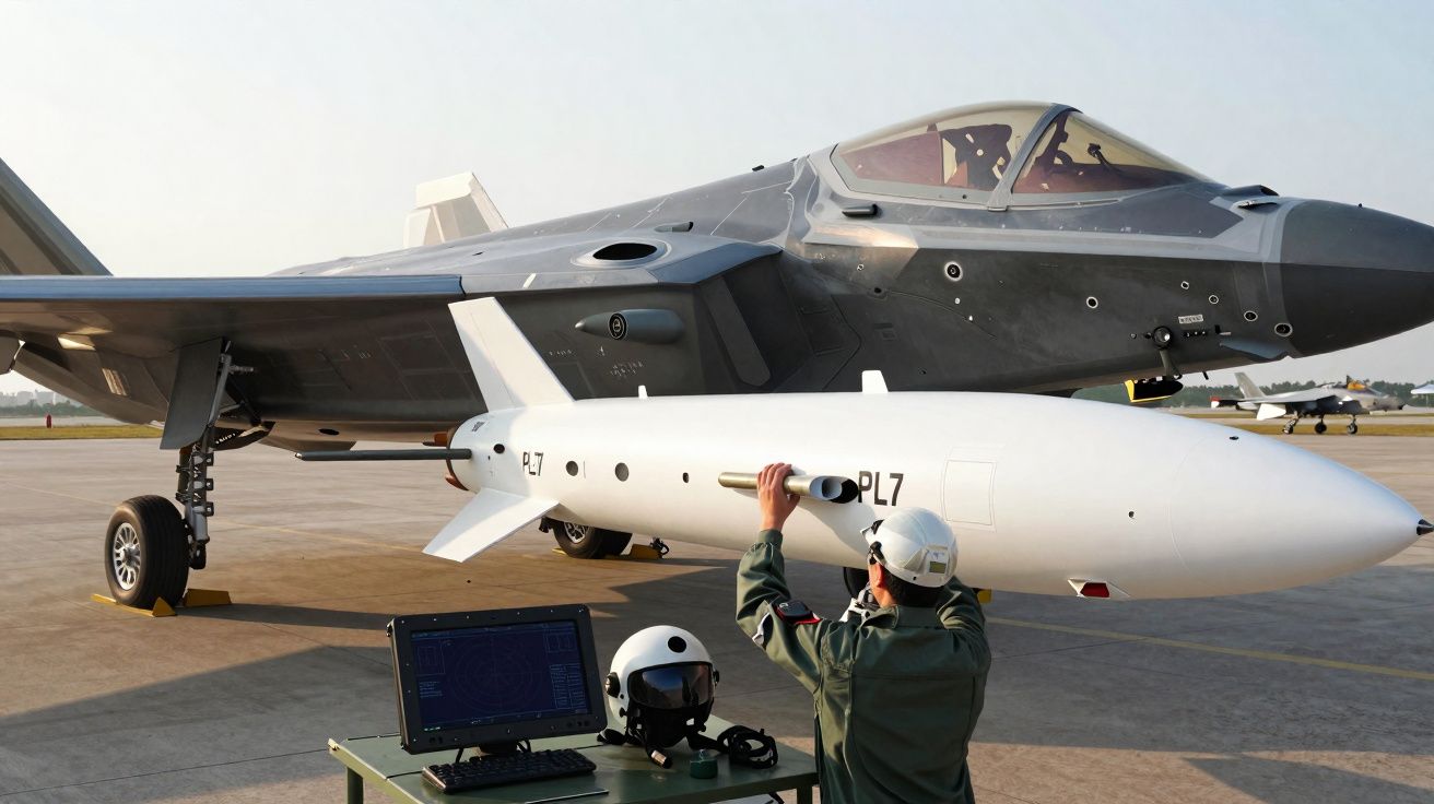 Técnico prepara drone aéreo sob um caça militar estacionado numa pista de aeroporto.