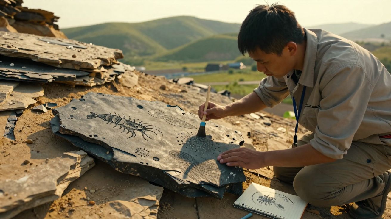 Homem a limpar fósseis numa rocha, com caderno de desenhos aberto, em paisagem rural montanhosa.
