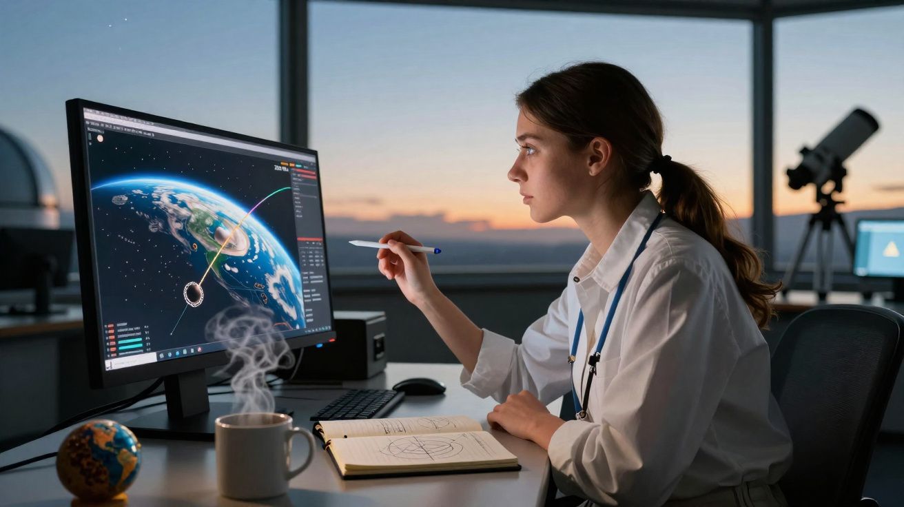 Mulher a trabalhar em computador com simulação espacial num escritório ao pôr do sol.