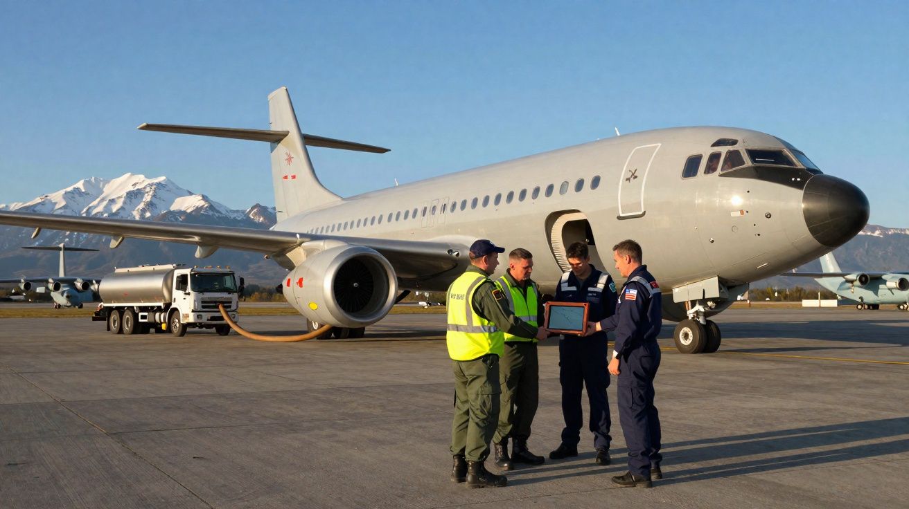 Quatro militares em uniforme perto de avião branco estacionado no aeroporto com montanhas ao fundo.