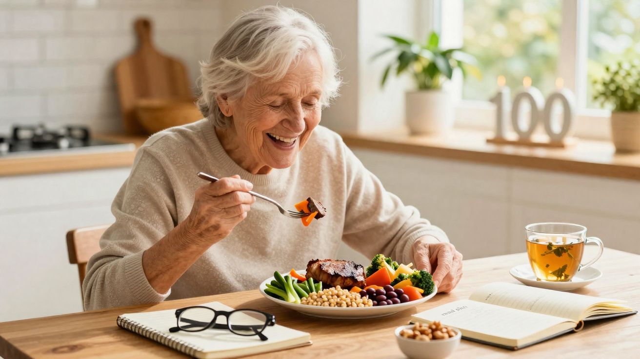Mulher idosa sorridente a comer uma refeição saudável numa cozinha luminosa com chá e livros à mesa.