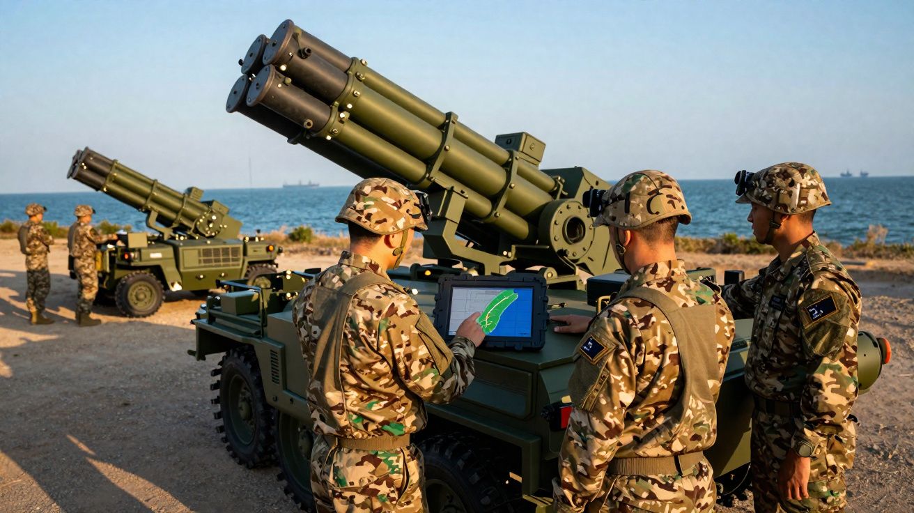 Soldados em uniforme camuflado operam lança-foguetes montados num veículo perto da costa.