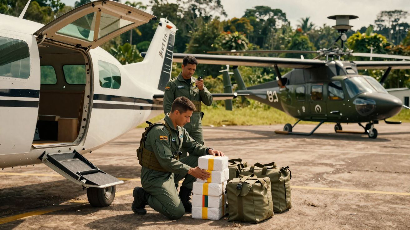 Dois militares em uniformes verdes preparam material junto a um avião e um helicóptero na pista de um aeroporto.