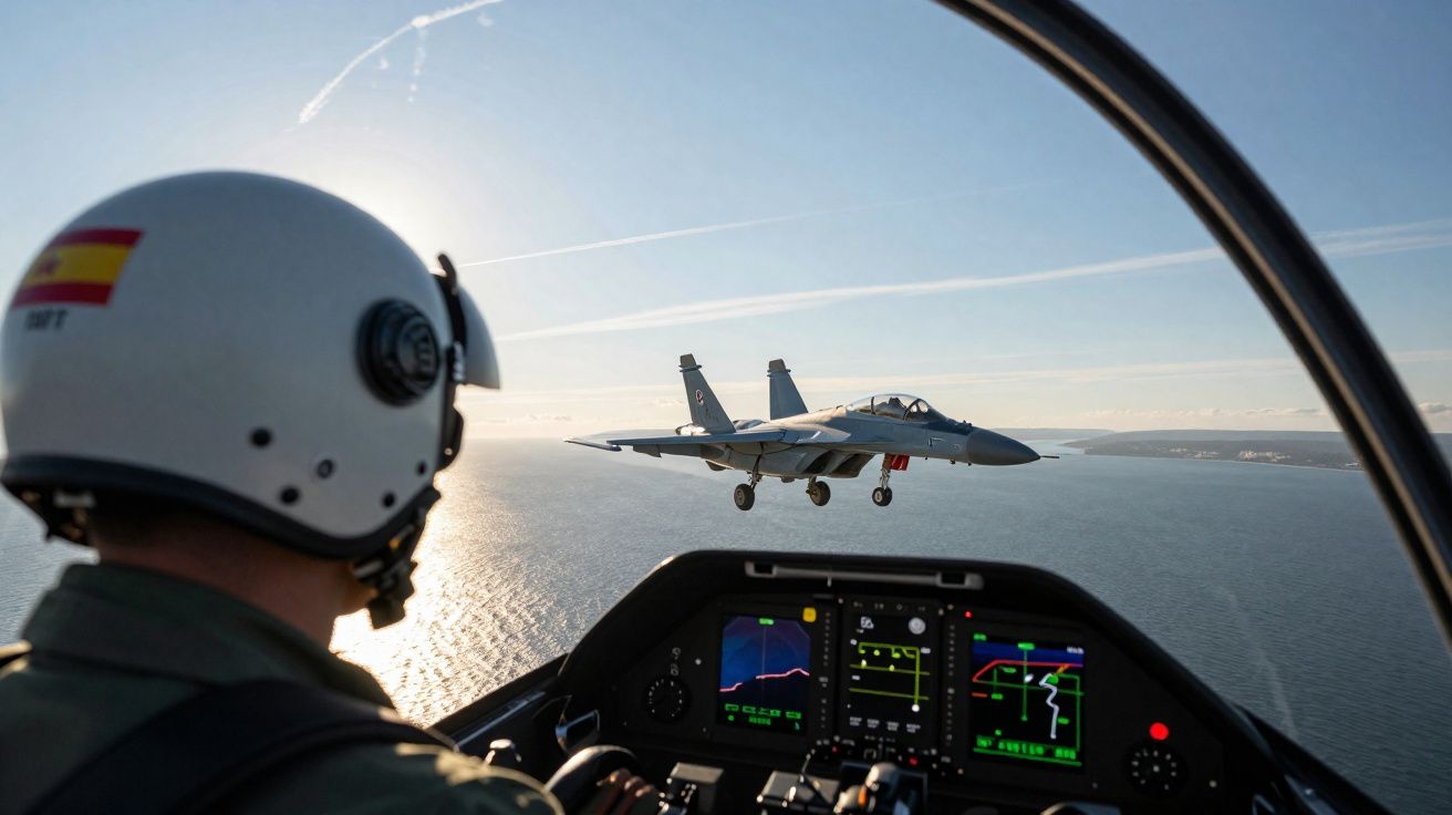Piloto com capacete dentro da cabine de um avião militar, outro caça a voar sobre o mar ao pôr do sol.
