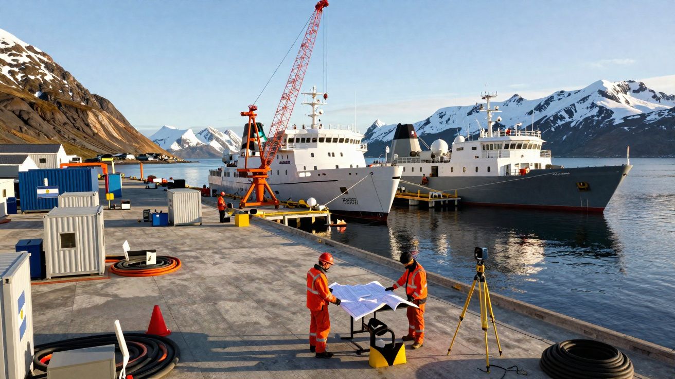 Porto com dois navios atracados, trabalhadores em coletes laranja a analisar plantas, e montanhas nevadas ao fundo.