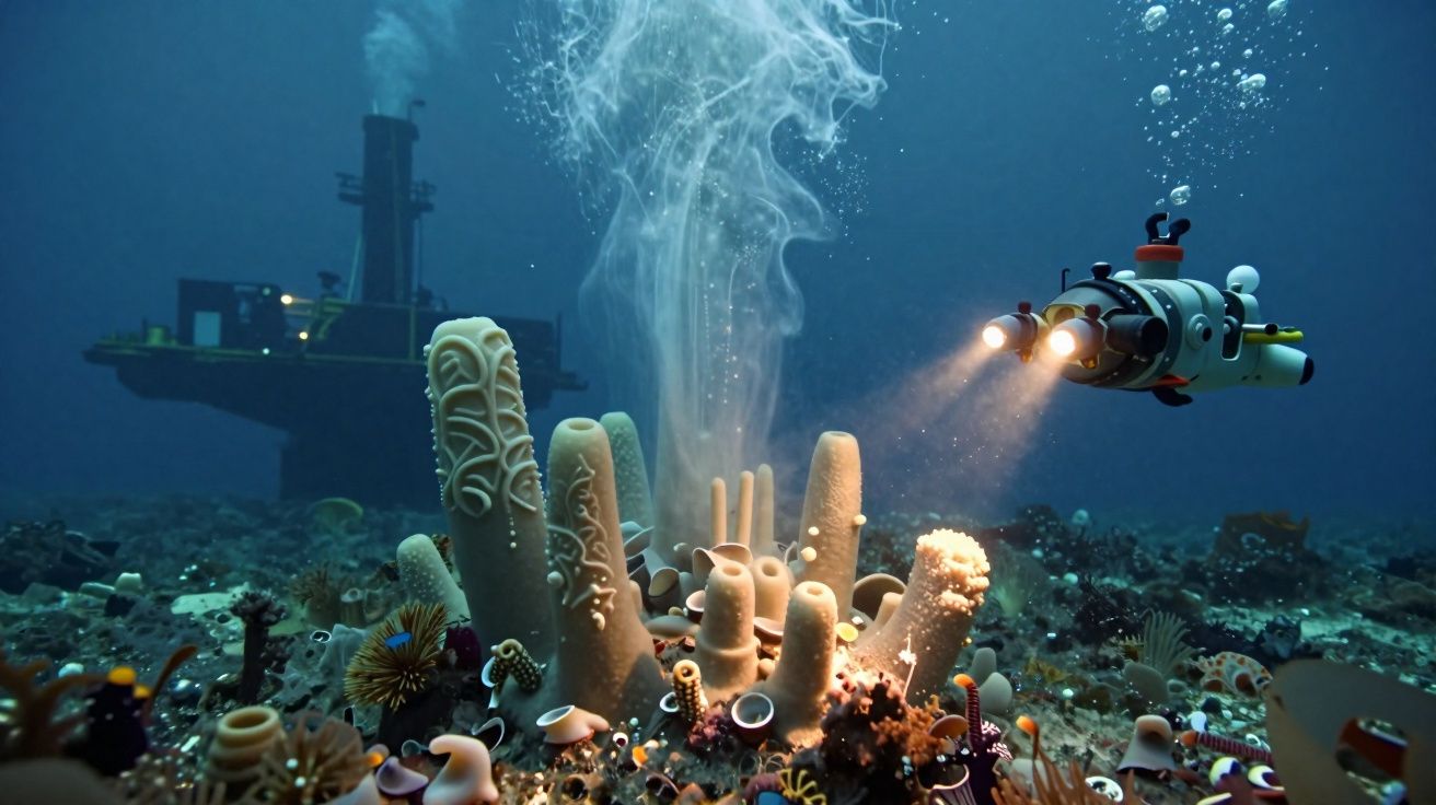 Veículo subaquático explora fontes hidrotermais rodeadas por formações de corais e vida marinha profunda.