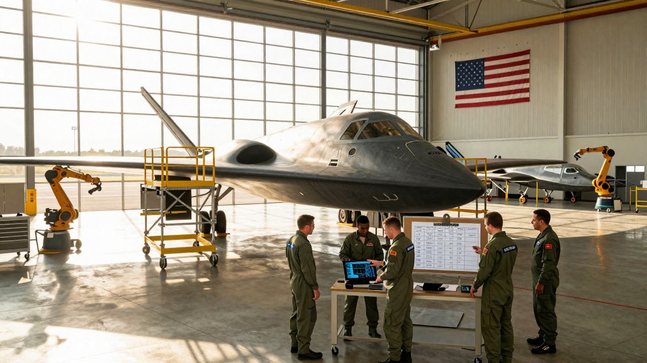Cinco pilotos em fato de voo discutem plano perto de avião stealth numa hangar iluminada por luz natural.