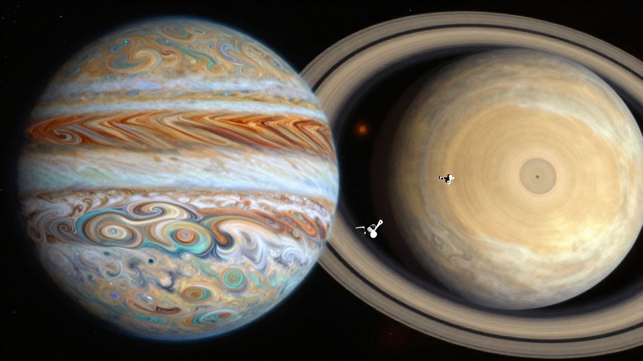 Planetas Júpiter e Saturno com suas nuvens e anéis, e duas sondas espaciais próximas a Saturno.