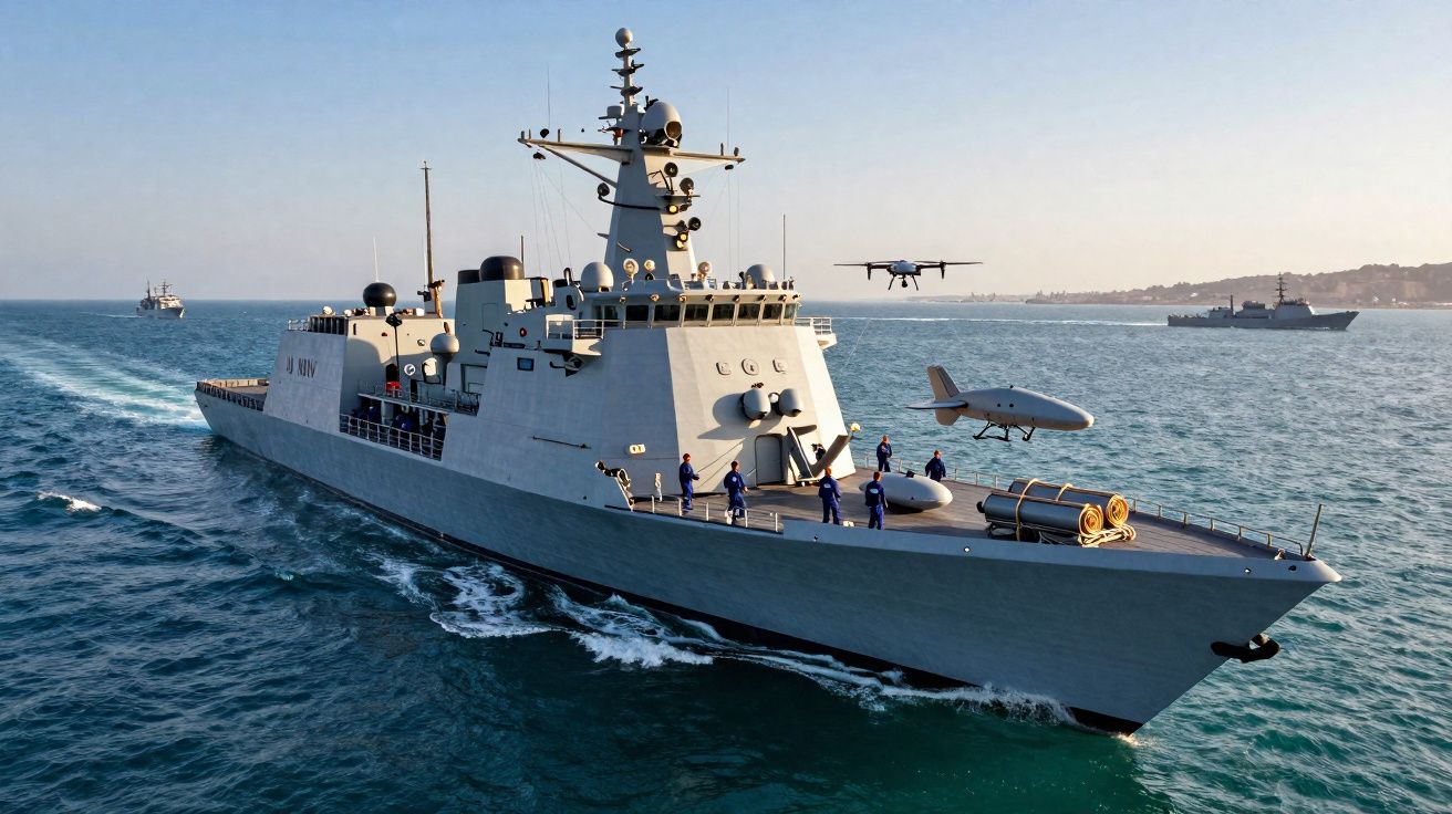 Fragata militar em mar calmo com drone e tripulação no convés sob céu limpo.