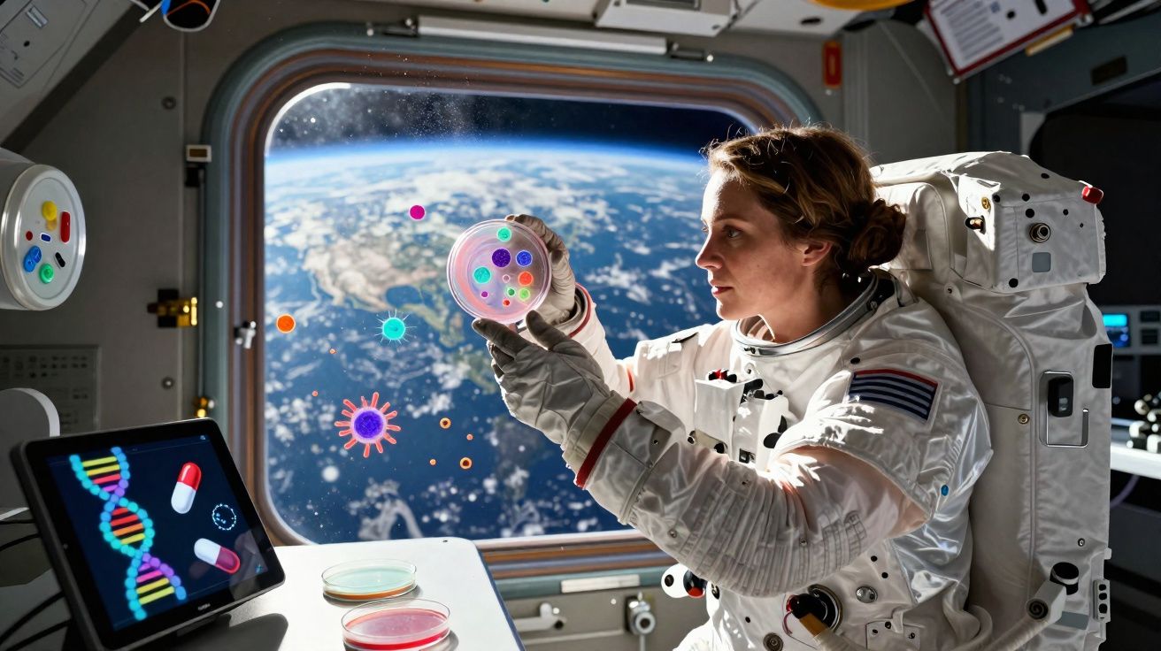 Astronauta a examinar placa de Petri com microrganismos coloridos na Estação Espacial Internacional.